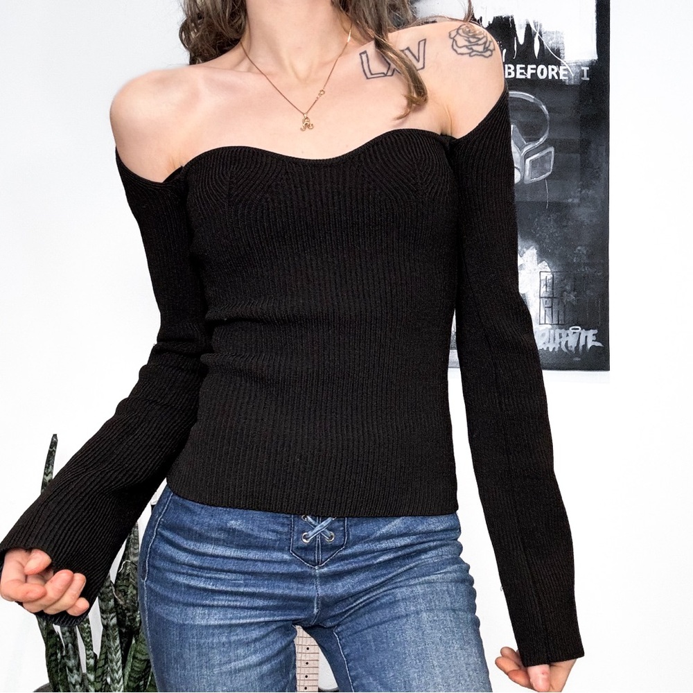 Black Pixie Market Off-Shoulder Bustier Sweater